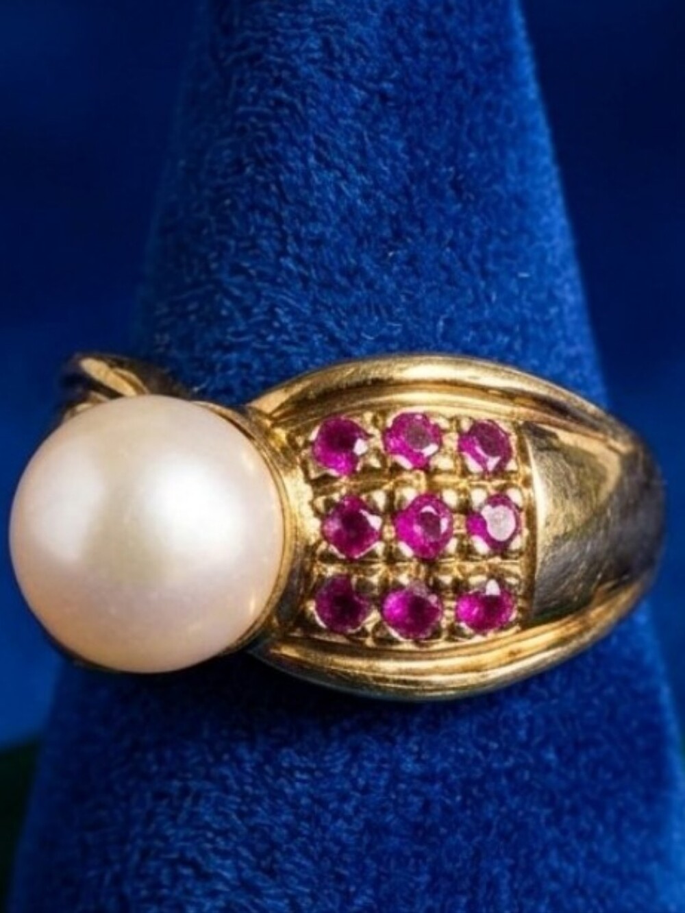 Vintage Estate Pearl Ring 925 Sterling Silver Gold Vermeil Pink Ruby Stone Sz 9